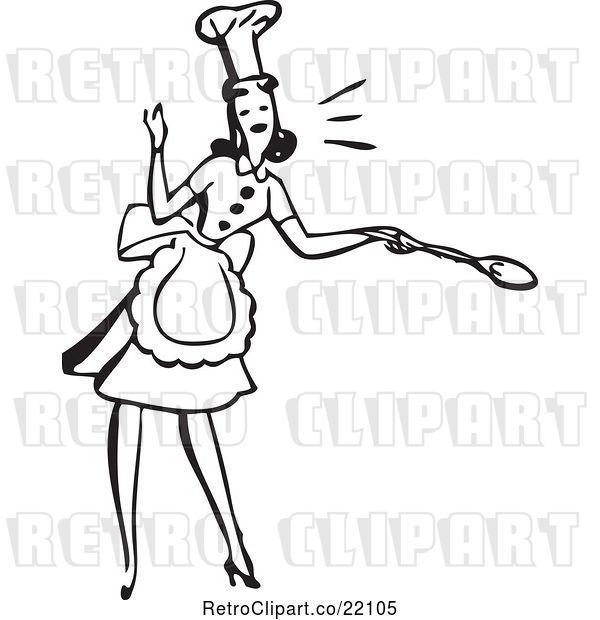 Vector Clip Art of Retro Lady in an Apron and Hat, Holding a Spoon