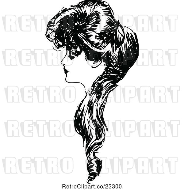 Vector Clip Art of Retro Lady in Profile with Long Hair