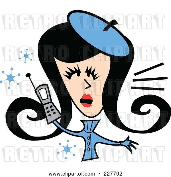 Vector Clip Art of Retro Lady in Winter Clothes, Talking on a Cell Phone