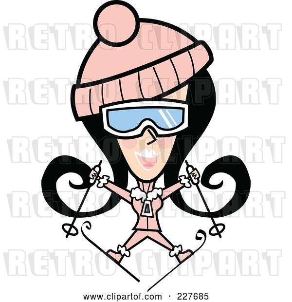 Vector Clip Art of Retro Lady Jumping and Skiing