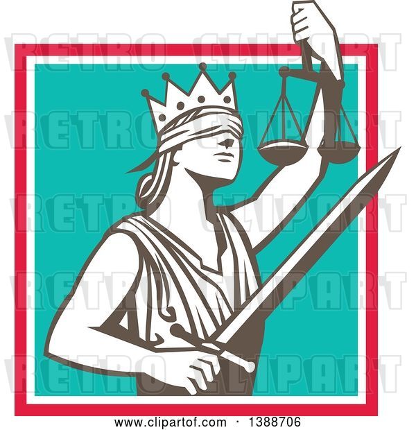 Vector Clip Art of Retro Lady Justice Wearing a Crown, Holding a Sword and Scales in a Square