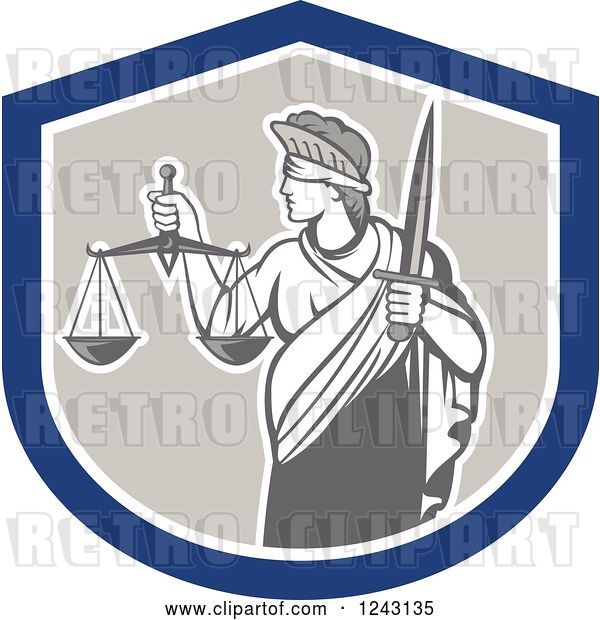 Vector Clip Art of Retro Lady Justice with a Sword and Scales in a Shield