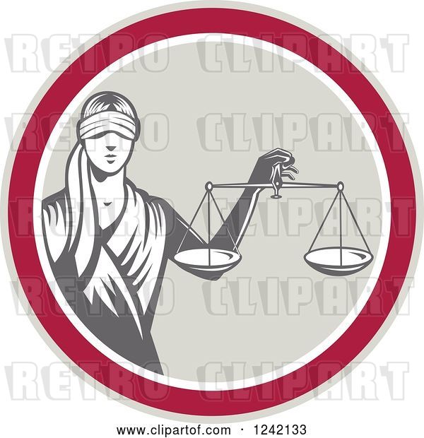 Vector Clip Art of Retro Lady Justice with Scales in a Circle