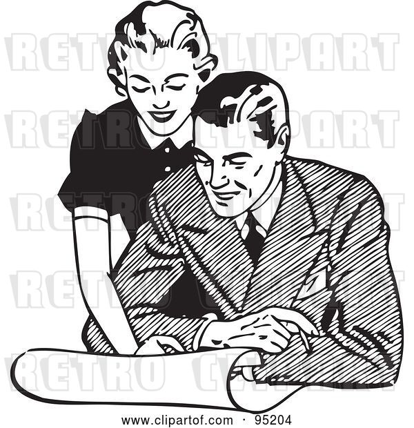 Vector Clip Art of Retro Lady Leaning over a Guy and Discussing Plans