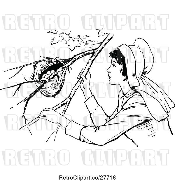 Vector Clip Art of Retro Lady Looking at a Bird Nest