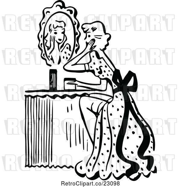 Vector Clip Art of Retro Lady Looking at a Mirror at Her Vanity Table