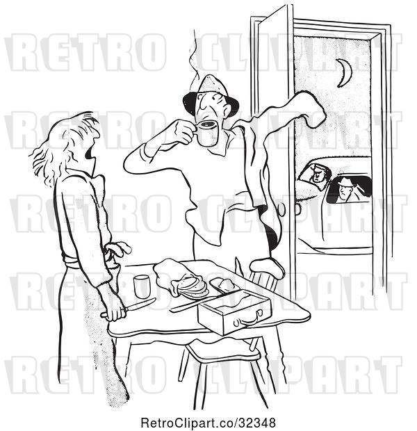 Vector Clip Art of Retro Lady Making Lunch for Her Husband Before Work