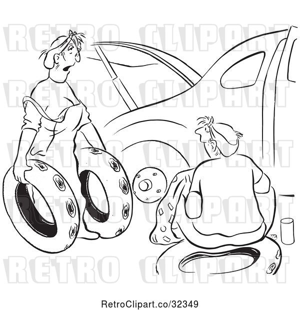 Vector Clip Art of Retro Lady Offering Ruined Spare Tires for Her Husband Car