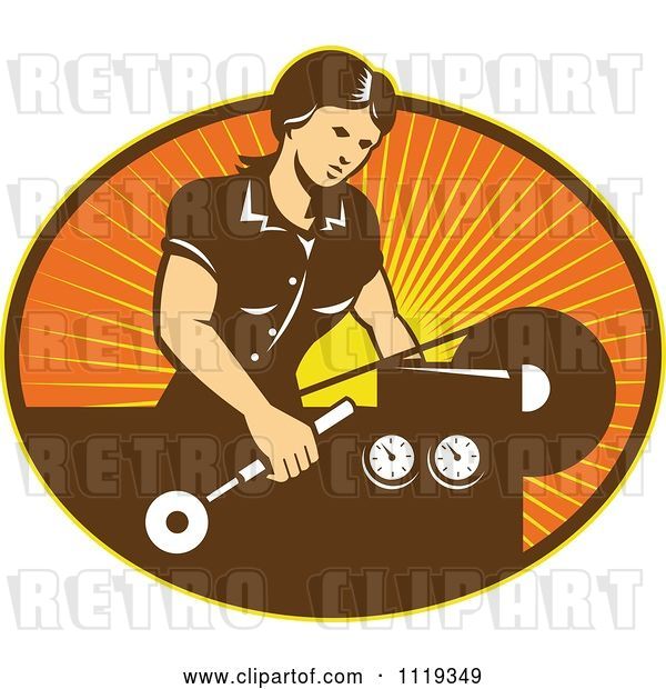 Vector Clip Art of Retro Lady Operating a Lathe Machine over Rays