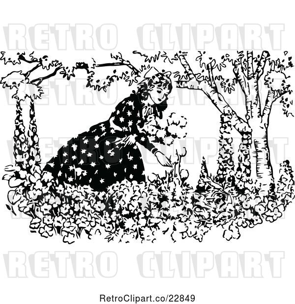 Vector Clip Art of Retro Lady Picking Flowers