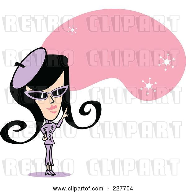 Vector Clip Art of Retro Lady Pointing to a Pink Cloud with White Stars