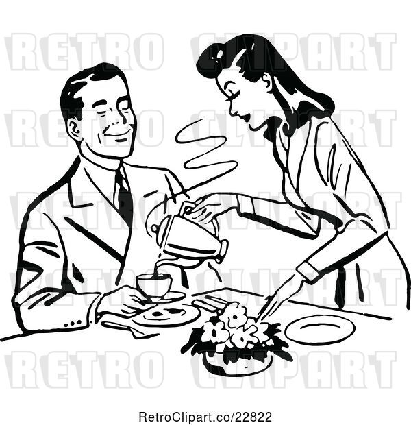Vector Clip Art of Retro Lady Pouring Her Husband Coffee