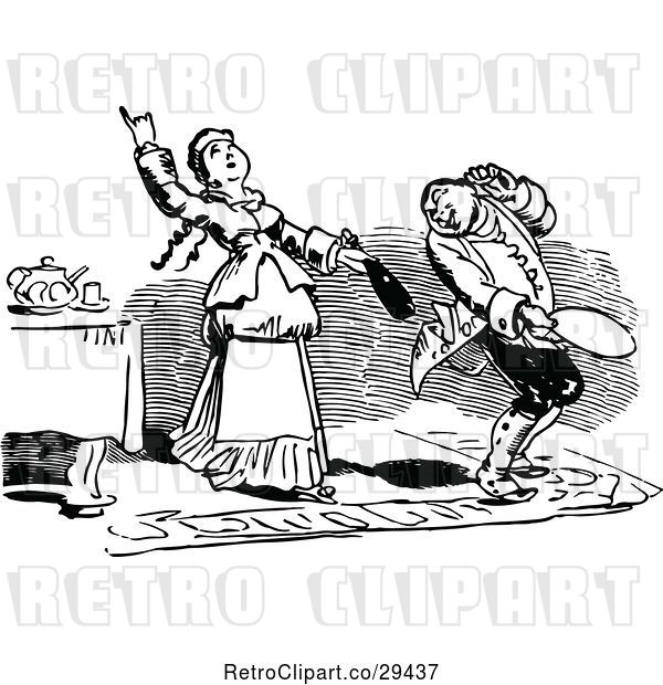 Vector Clip Art of Retro Lady Pulling Wine out of Her Husbands Coat