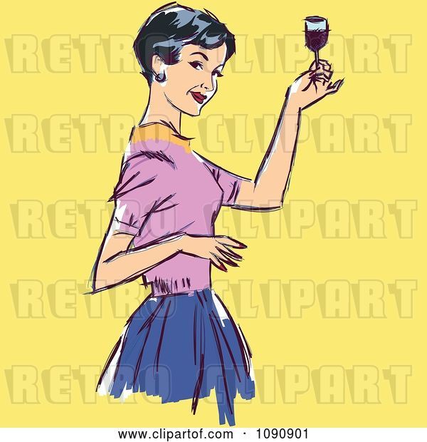 Vector Clip Art of Retro Lady Raising Her Wine Glass to Toast