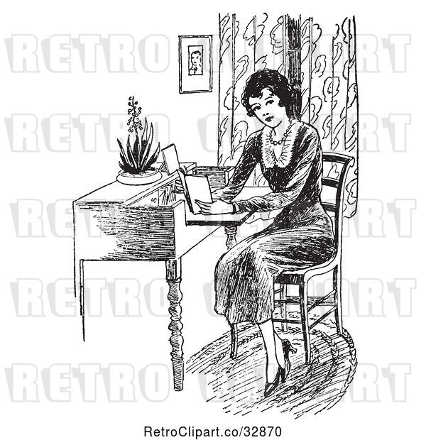 Vector Clip Art of Retro Lady Reading a Book at a Desk
