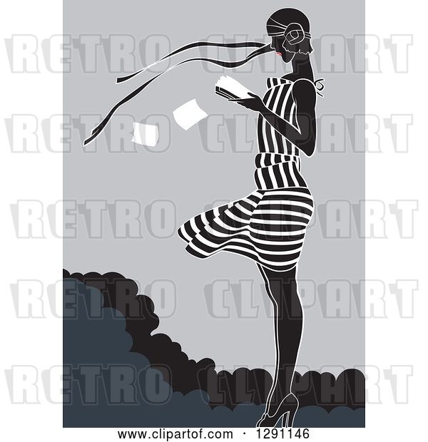Vector Clip Art of Retro Lady Reading a Book in the Wind, with Red Lips, in Blue and Gray Tones