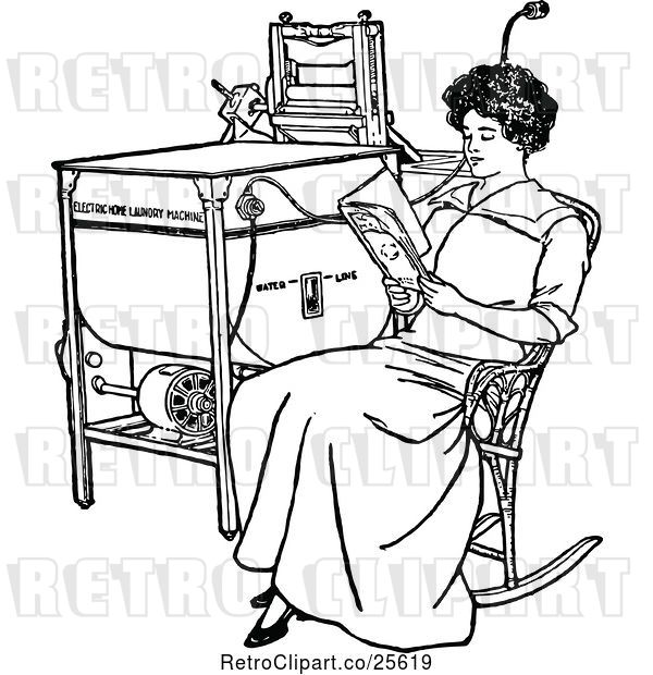 Vector Clip Art of Retro Lady Reading by an Antique Laundry Machine