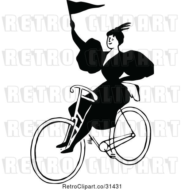 Vector Clip Art of Retro Lady Riding a Bicycle with a Flag