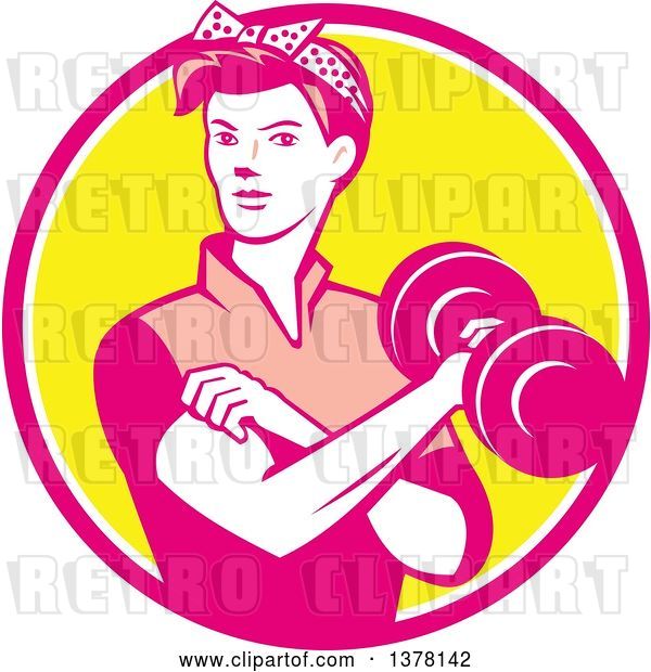 Vector Clip Art of Retro Lady, Rosie the Riveter, Rolling up a Sleeve and Working Out, Doing Bicep Curls with a Dumbbell in a Pink White and Yellow Circle
