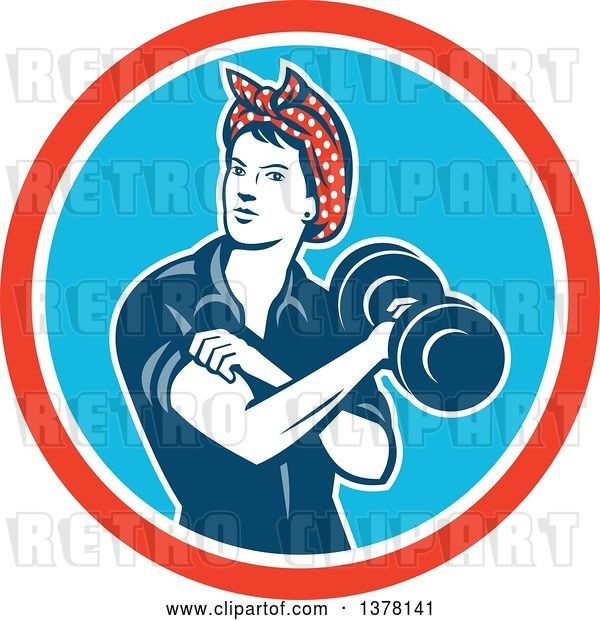 Vector Clip Art of Retro Lady, Rosie the Riveter, Rolling up a Sleeve and Working Out, Doing Bicep Curls with a Dumbbell in a Red White and Blue Circle