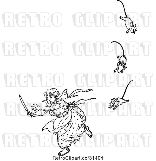 Vector Clip Art of Retro Lady Running from Three Blind Mice