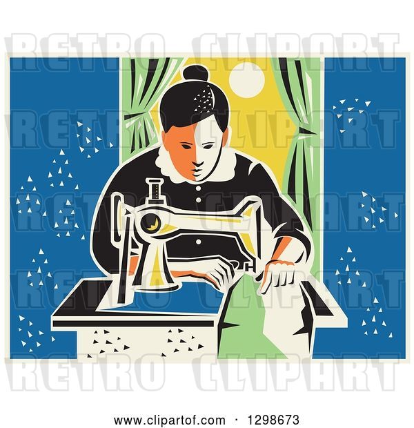 Vector Clip Art of Retro Lady Sewing with a Machine by a Window