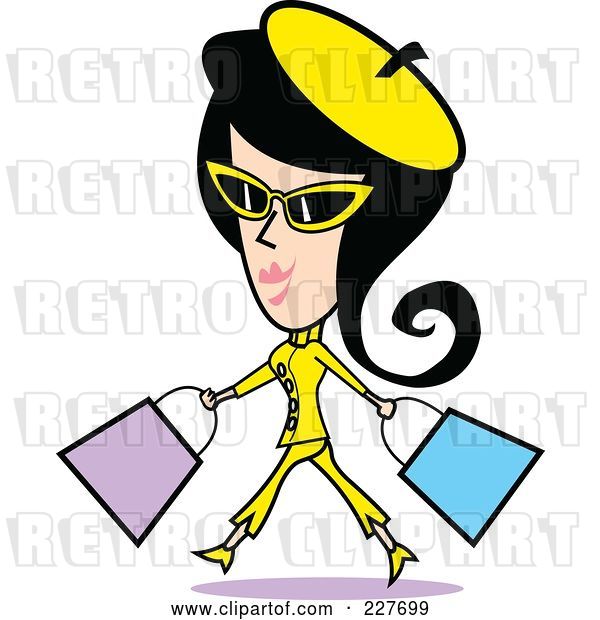Vector Clip Art of Retro Lady Shopping and Walking in a Yellow Suit