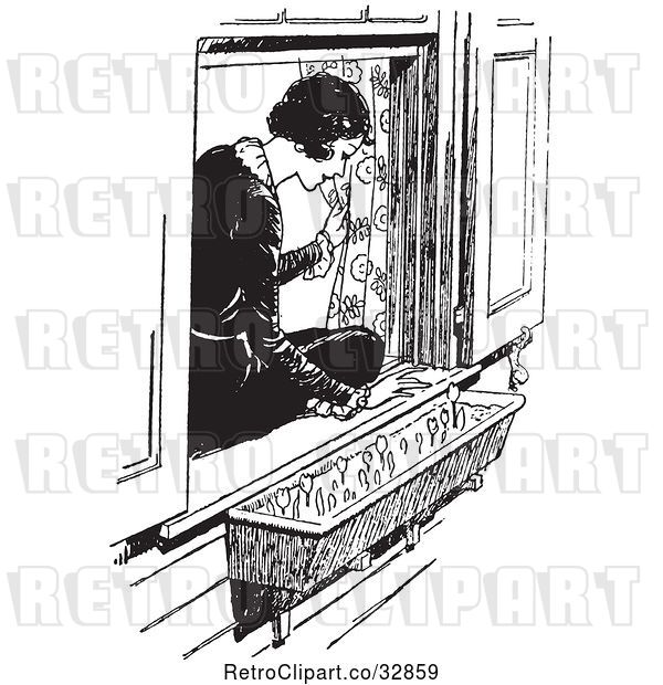 Vector Clip Art of Retro Lady Sitting in a Window Sill and Looking at Flowers