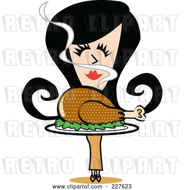 Vector Clip Art of Retro Lady Smelling and Carrying a Roasted Thanksgiving Turkey