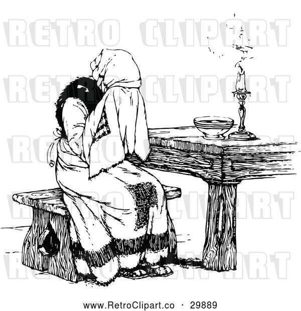 Vector Clip Art of Retro Lady Sobbing at a Table