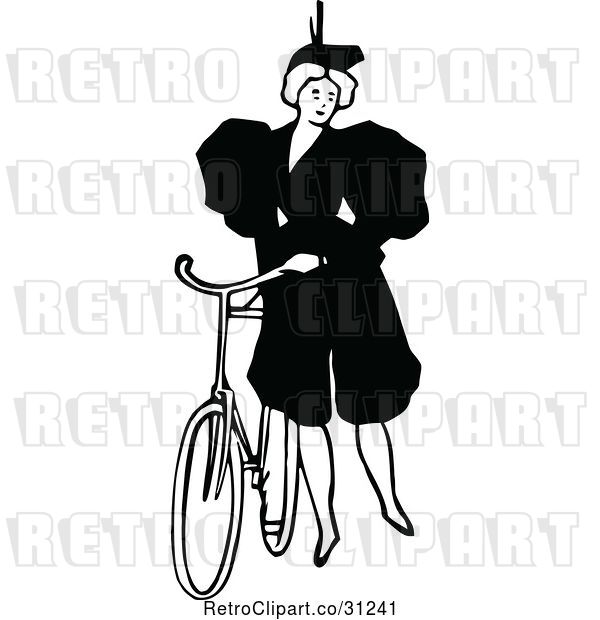 Vector Clip Art of Retro Lady Standing by a Bicycle
