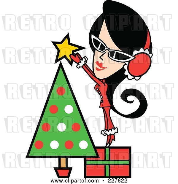 Vector Clip Art of Retro Lady Standing on a Gift and Putting a Star Topper on a Christmas Tree