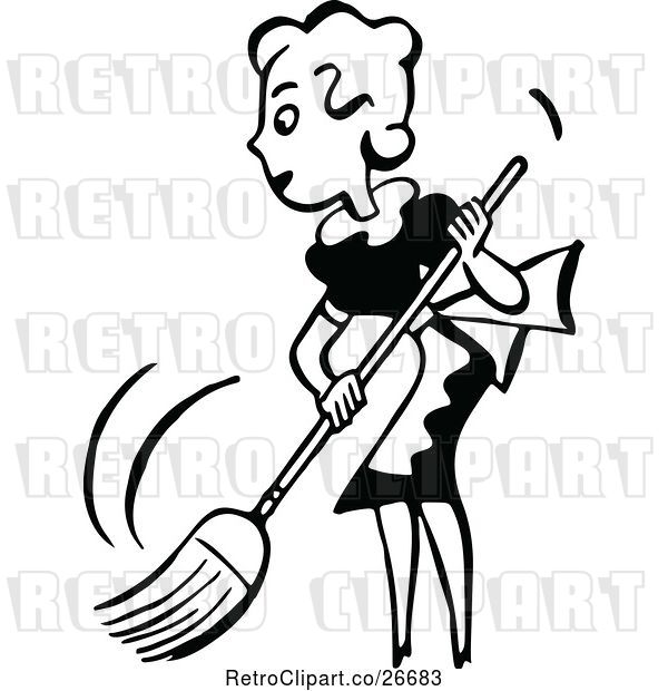 Vector Clip Art of Retro Lady Sweeping
