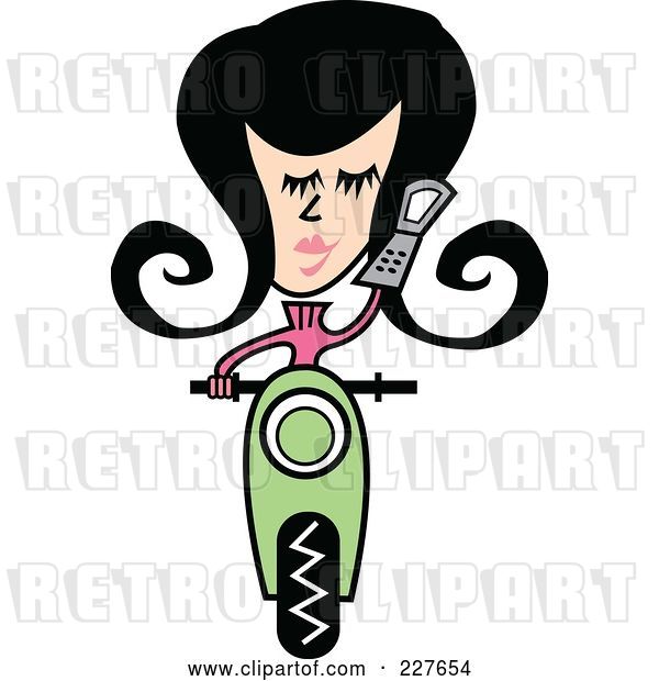 Vector Clip Art of Retro Lady Talking on a Cell Phone and Riding Forward on a Green Scooter