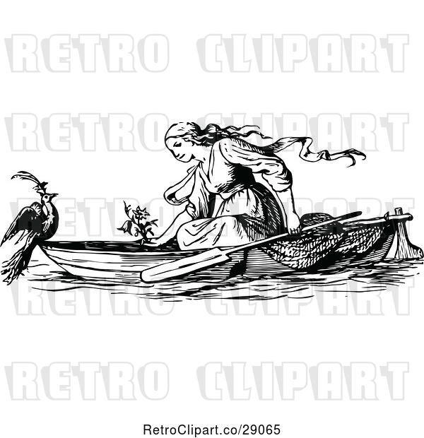 Vector Clip Art of Retro Lady Talking to a Bird Ona Boat