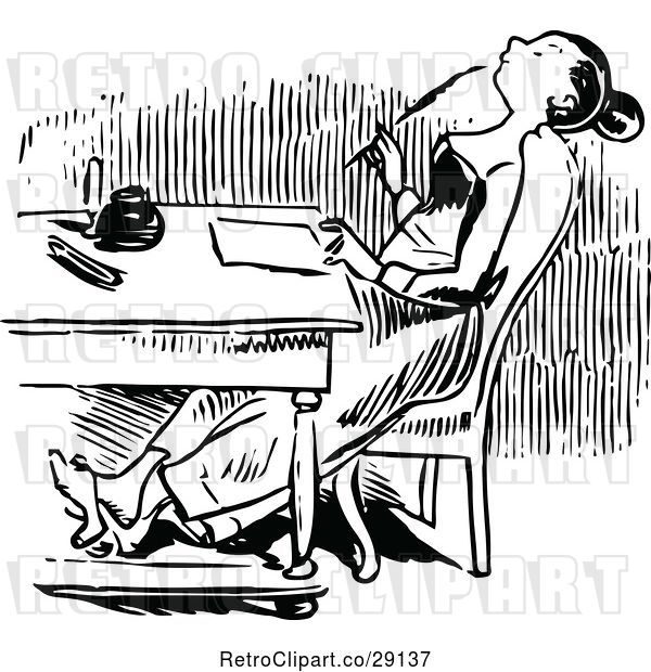 Vector Clip Art of Retro Lady Thinking and Writing a Letter