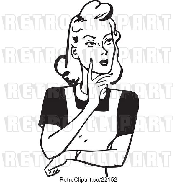 Vector Clip Art of Retro Lady Touching Her Cheek and Thinking