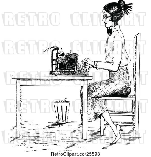 Vector Clip Art of Retro Lady Typing at a Desk