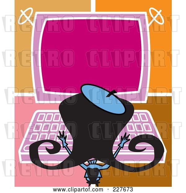 Vector Clip Art of Retro Lady Typing on a Large Computer
