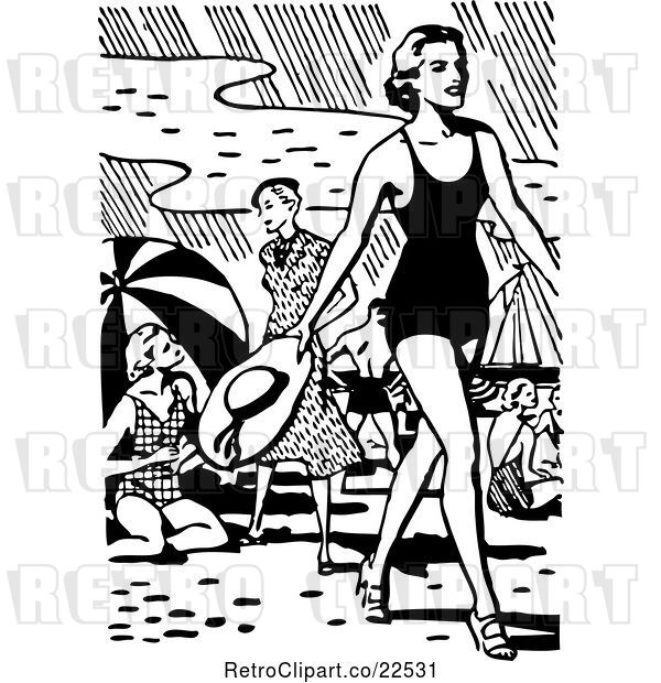 Vector Clip Art of Retro Lady Walking on a Beach