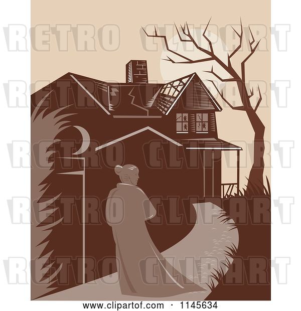 Vector Clip Art of Retro Lady Walking Towards a Dilapidated Mansion