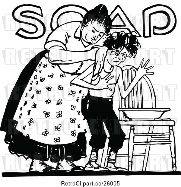 Vector Clip Art of Retro Lady Washing Her Son over Soap Text
