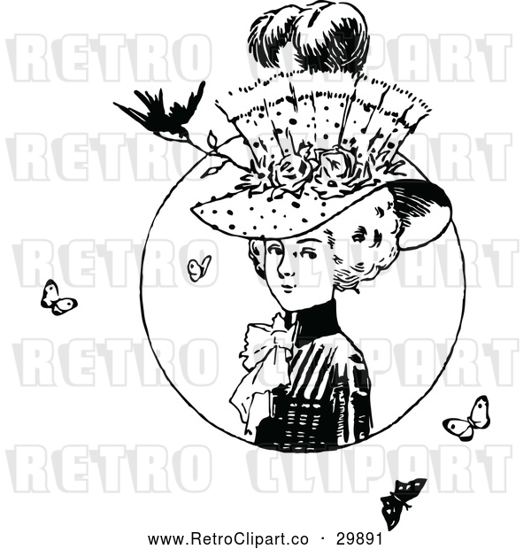 Vector Clip Art of Retro Lady with a Hat Butterflies and a Bird