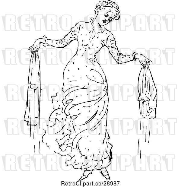 Vector Clip Art of Retro Lady with Wet Laundry