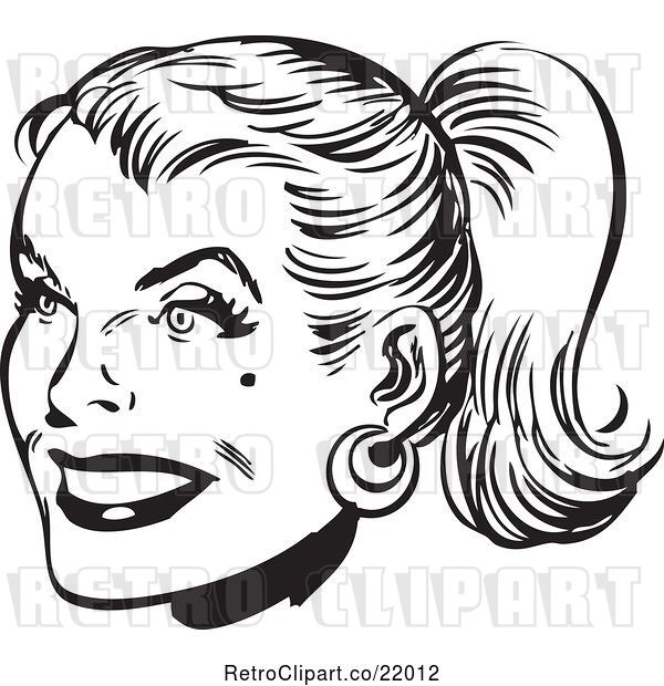 Vector Clip Art of Retro Lady's Face with Her Hair in a Pony Tail