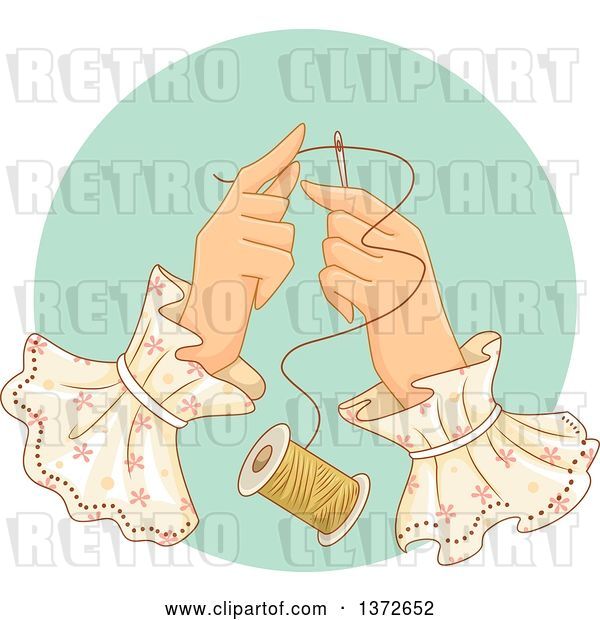 Vector Clip Art of Retro Lady's Hands Threading a Needle