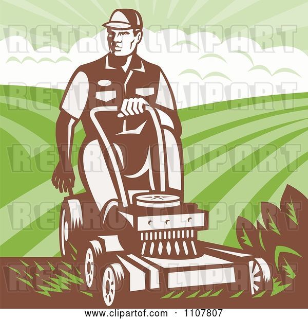 Vector Clip Art of Retro Landscaper Guy Pushing a Lawn Mower