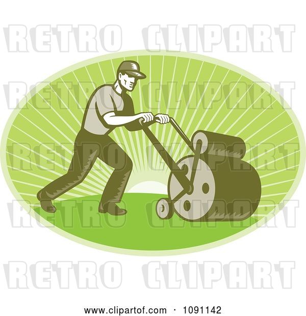 Vector Clip Art of Retro Landscaper Oval Using a Lawn Roller