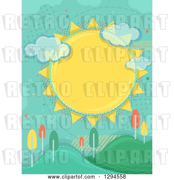 Vector Clip Art of Retro Large Sun with Clouds and Halftone over Hills with Colorful Autumn Trees