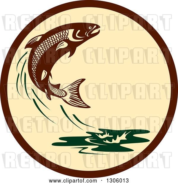 Vector Clip Art of Retro Leaping Atlantic Salmon Fish and Green Water Splash in a Brown and Tan Circle